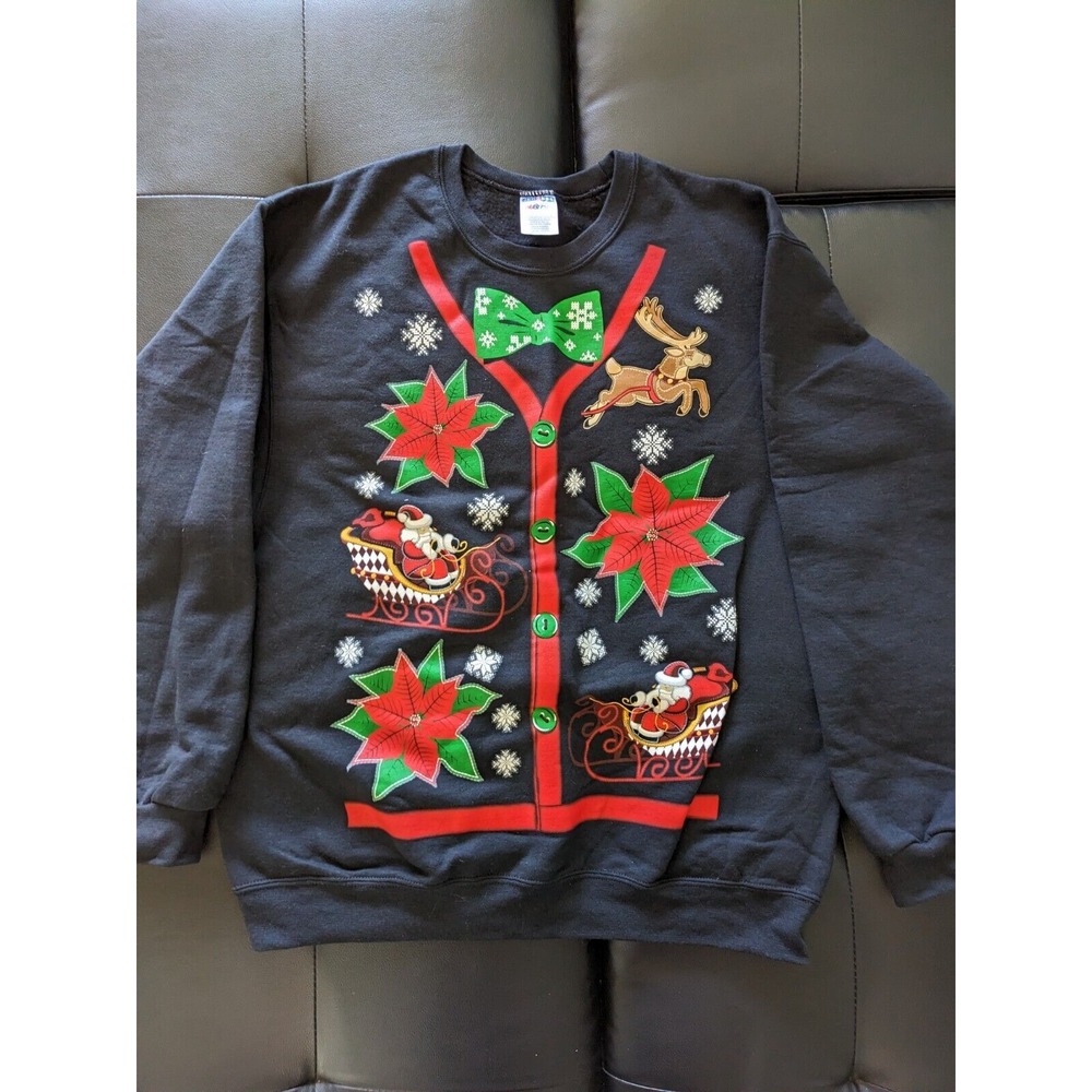 Jerzees Black Santa Claus Ugly Sweater Christmas‎ Sweatshirt L